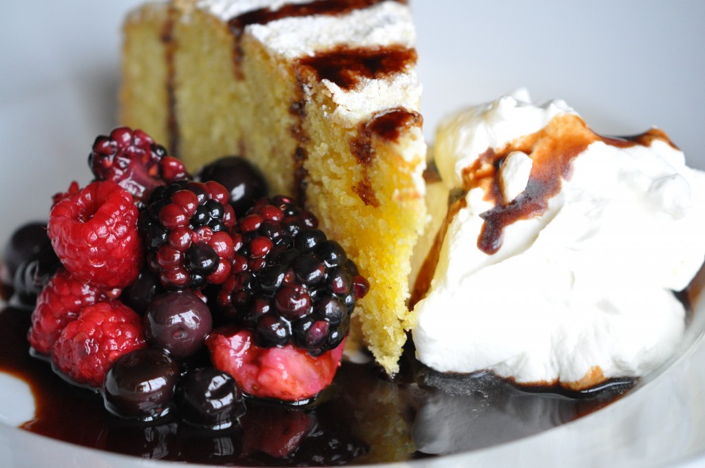 XVOO Cake With Berry Compote, Balsamic Syrup and Whipped Sweetened Creme Fraiche