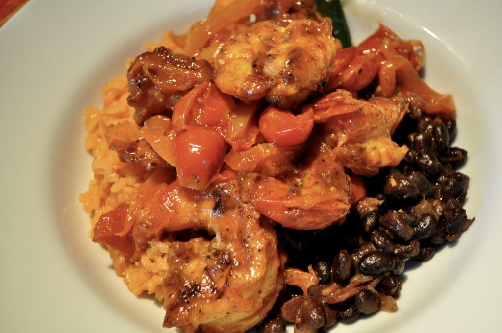Tequila Shrimp with Caroline Gold Rice and Black Beans with Bacon